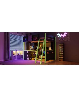  Full Size Wood Loft Bed with Desk, Ample Storage Space