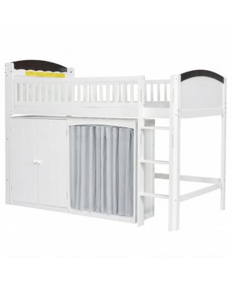 Loft Bed with Storage Cabinet, Wardrobe and LED, White and Espresso