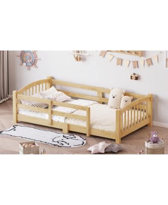  Twin Montessori Floor Bed with Slats, Guardrails, and Fence