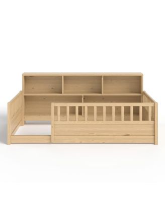 Wood Floor Bed with Fence Guardrail & Side Storage