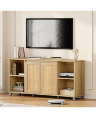 70 Inch TV Stand, Mid-Century Modern Entertainment Center with Rattan Cabinet Doors, Media Console with Open Shelves