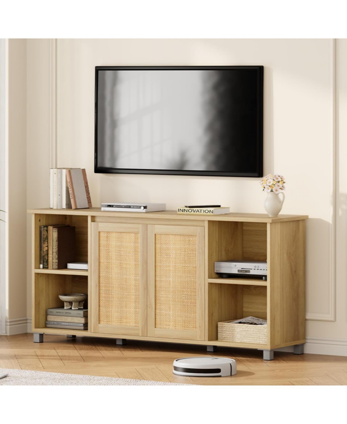 gaomon 70 Inch Tv Stand, Mid-Century Modern Entertainment Center with Rattan Cabinet Doors, Media Console with Open Shelves