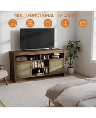 Rattan TV Stand with Storage Place for Living Room, Brown TV Console Cabinet with Shelf, for 45/55/65 in TV, Wood