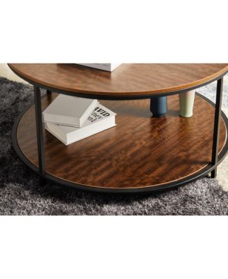  Round antique wood coffee table, 34.64-inch, 2-tier storage, modern design.