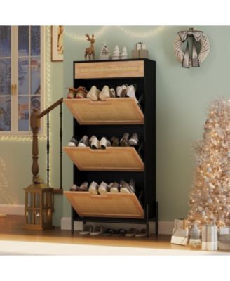 Rattan Shoe Cabinet – Freestanding Shoe Rack with 3 Flip Doors & 1 Drawer, Adjustable Shelves, Metal Legs, Modern Entryway and Hallway