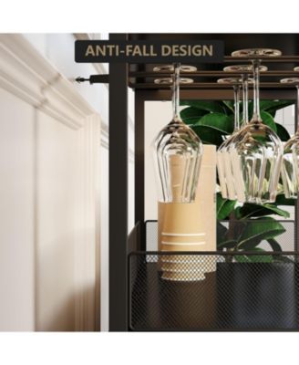 3-Tier Wine Bar Cabinet with LED Detachable Wine Rack and Storage Space Buffet Cabinet with Glass Holder and Mesh Door for Kitchen