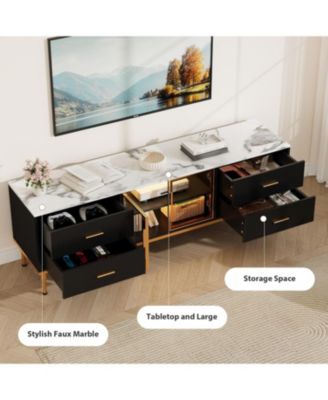 TV Stand with LED Lights, Modern Entertainment Center with 4 Drawers & Shelves & Glass Doors, TV Console Table for TV