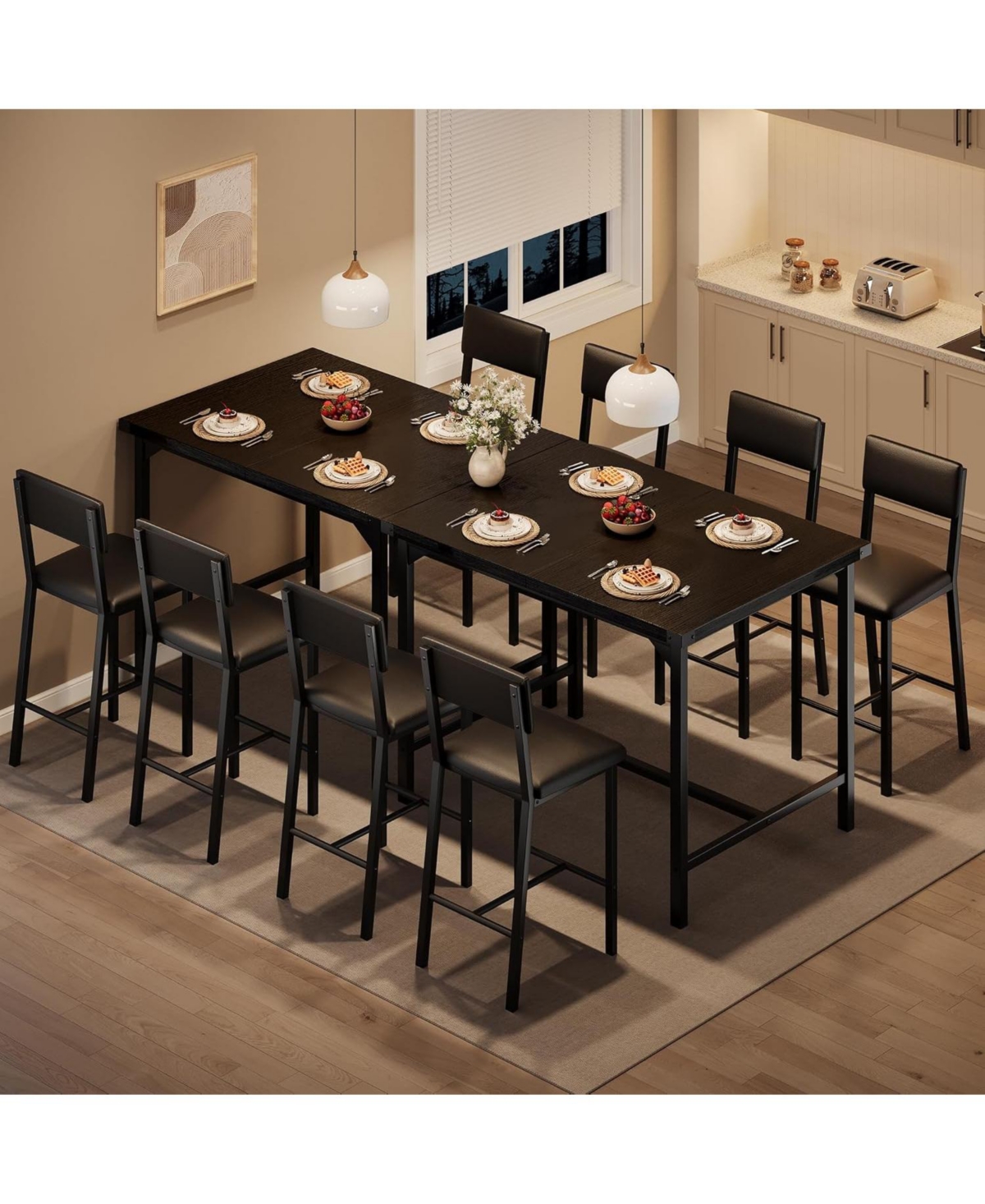 gaomon Dining Table Set for 4 w/Footrest and Corner Protector 5-Piece Kitchen Table Set with Counter Height Table and 4 Upholstered Bar Stools