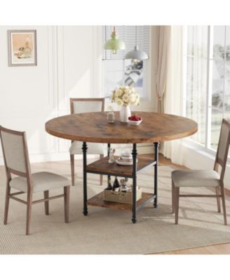 Round Dining Table with 1.59-Inch-Thick Board Kitchen Table Dinner Table with Storage Shelves and Roman Metal Legs for Dining Room Kitchen