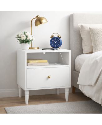 Modern White Nightstand with Drawer & Open Shelf, Bedside Table