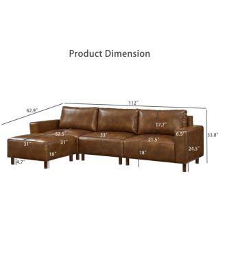  Modern Luxury PU Leather Sectional Sofa Couch with Convertible Ottoman, Brown