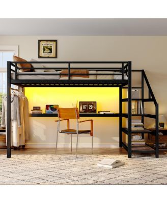 Twin XL Loft Bed with Desk, Storage Stairs, LED Lights & USB Ports