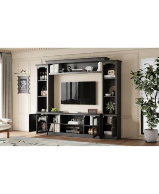 Modern TV Stand with Bookcase for TVs Up to 65-inch, 4 Shelves, Glass Doors