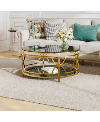 Streamdale Round Tempered Glass Coffee Table, 30.7", Gold Geometric Metal Frame, Shelf