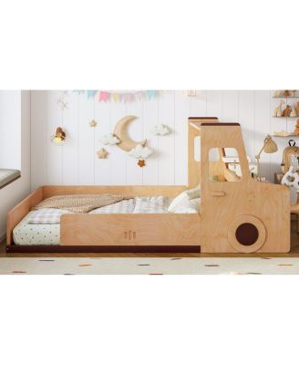 Full Size Car-Shape Floor Bed with Storage, Window, and Desk