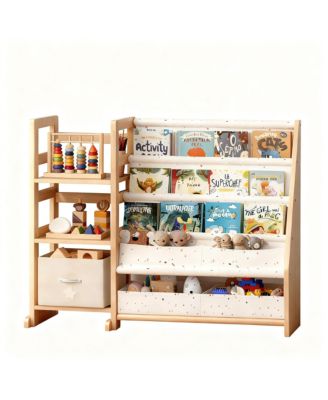 Wood Bookshelf for Kids - Storage with Sling Pockets and Drawers