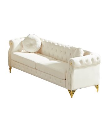Velvet Chesterfield Sofa with Pillows & Studs, Metal Legs.