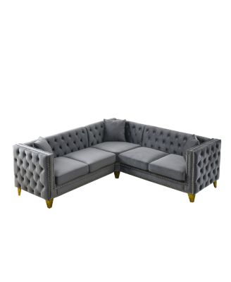 Velvet L-Shaped Sectional Couch, 5-Seater Corner Sofa with 3 Cushions