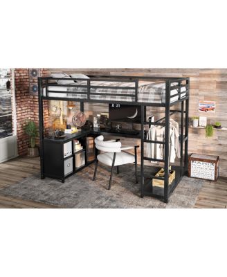 Metal Loft Bed with Wardrobe, L-shaped Desk & Storage, Black