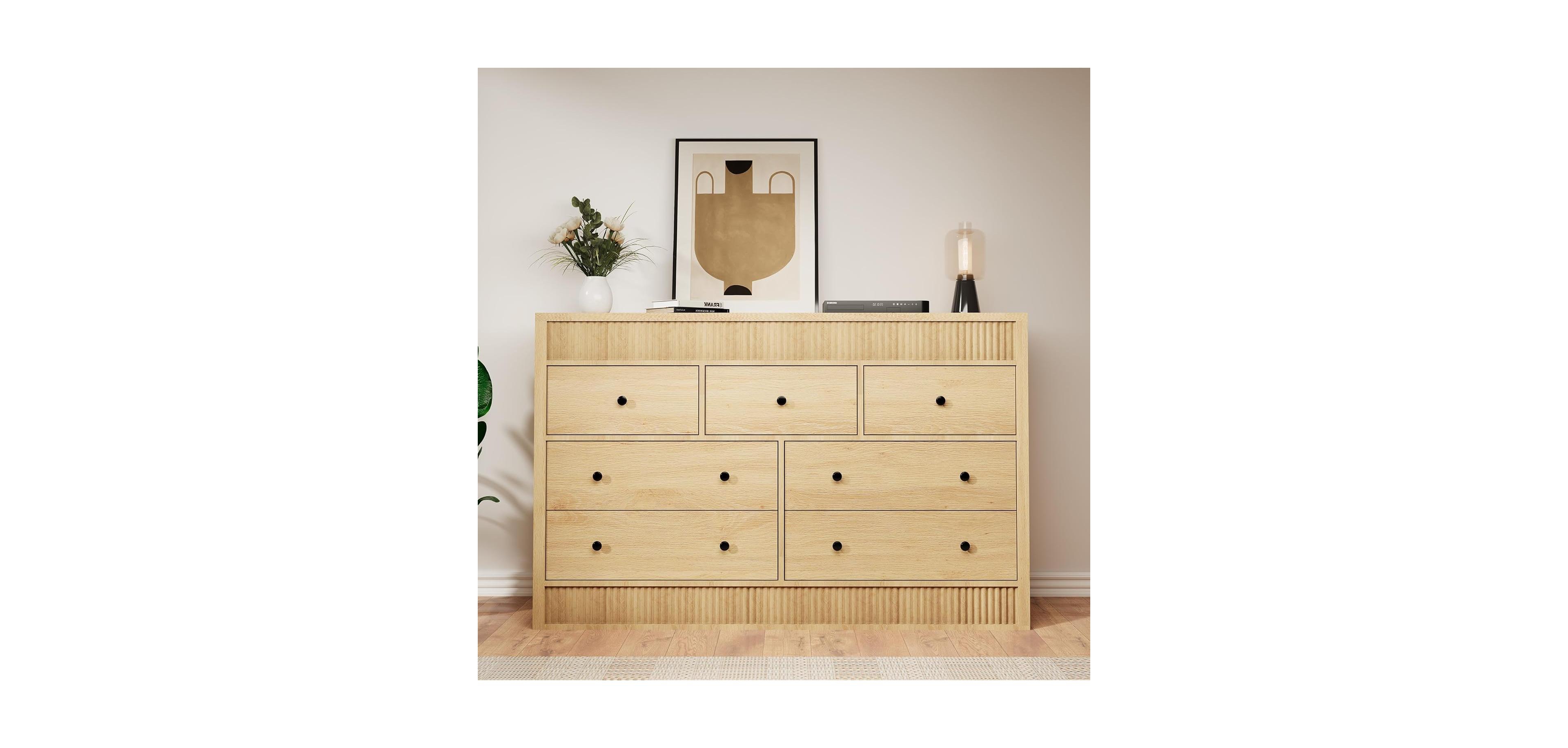 gaomon 7 Drawer Dresser for Bedroom 54 inch Wide Wooden Chest of Drawers Fluted Storage Organizer for Living Room Hallway and Entryway