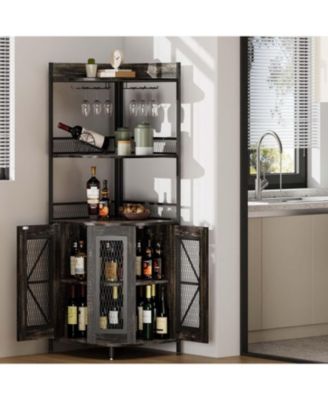 64 Inch Tall Corner Bar Cabinet with LED Strip 5-Tiers Industrial Bar Cabinet with Power Outlet and Glass Holder Wine Cabinet