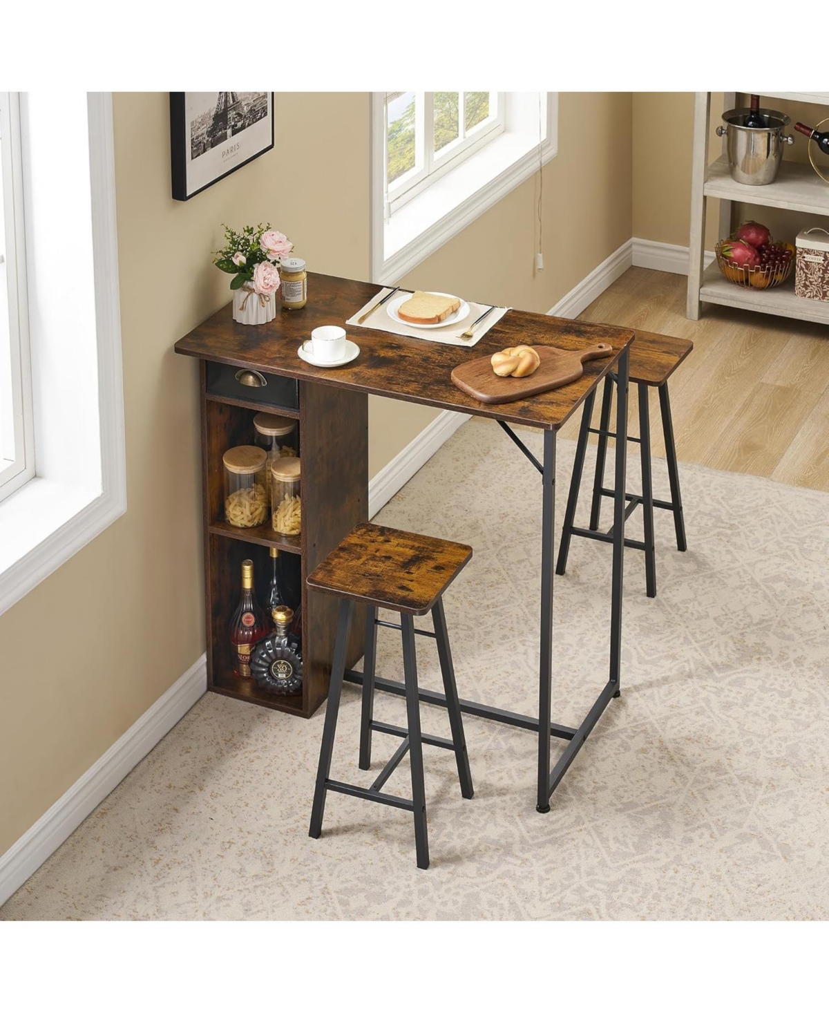 gaomon TrailBlaze Kitchen Dining Table Set 3 Piece Counter Height Bar Counter Table Set with Storage Drawer Shelves Wooden Bar Table and Chairs for 2