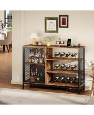 42-Inch Industrial Coffee Bar Cabinet with LED Lights, Power Outlets, Wood Liquor Cabinet with Doors, Glass Holders & Storage