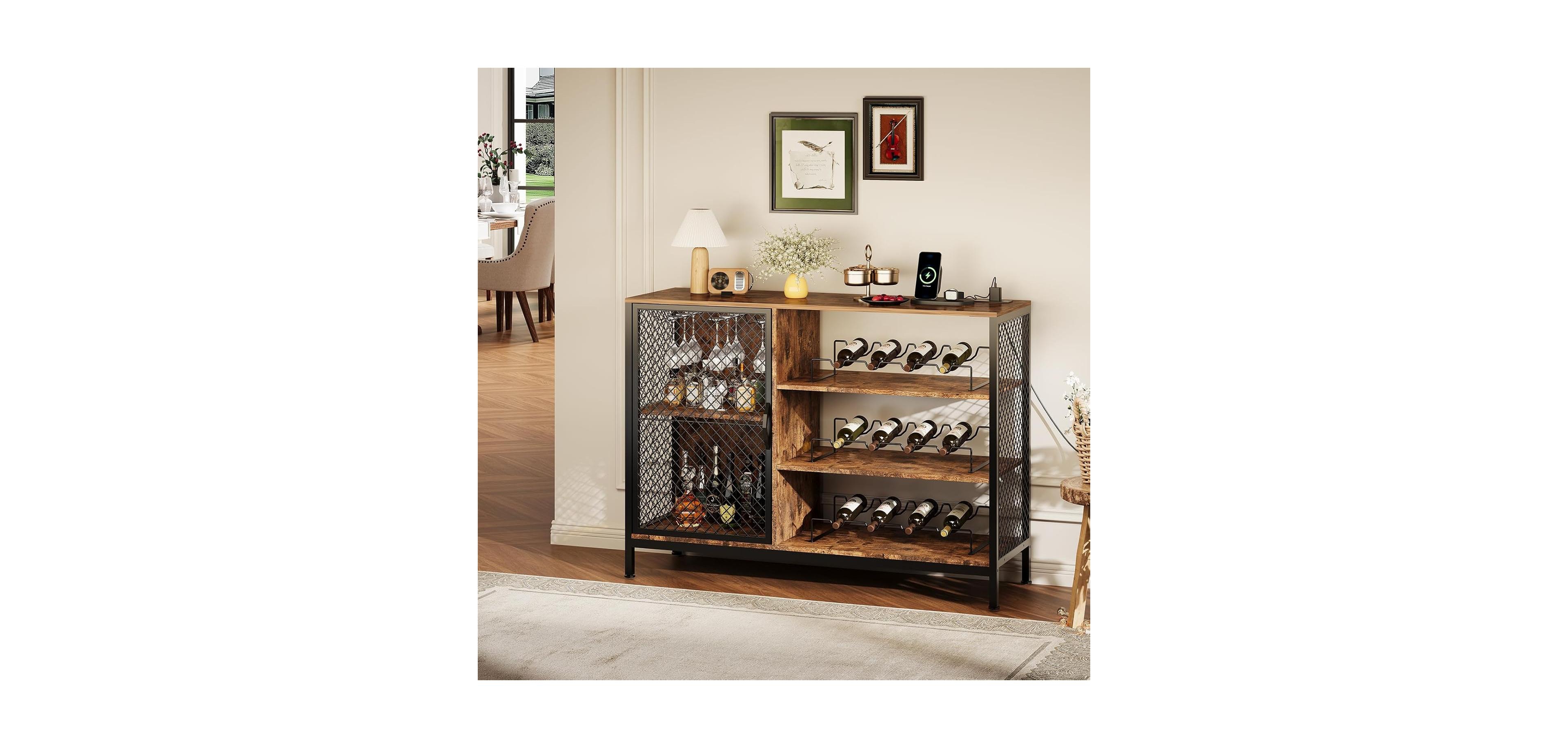 gaomon 42-Inch Industrial Coffee Bar Cabinet with Led Lights, Power Outlets, Wood Liquor Cabinet with Doors, Glass Holders & Storage