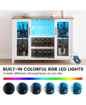 Wine Bar Cabinet with LED Light and Detachable Rack Wine Cabinet with Mesh Door Liquor Cabinet with Glass Holder Coffee Bar for Liquor
