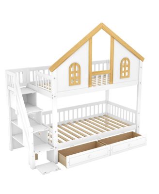 Twin Size Wooden House Bunk Bed with Window, Door, Roof, Drawers & Stairs