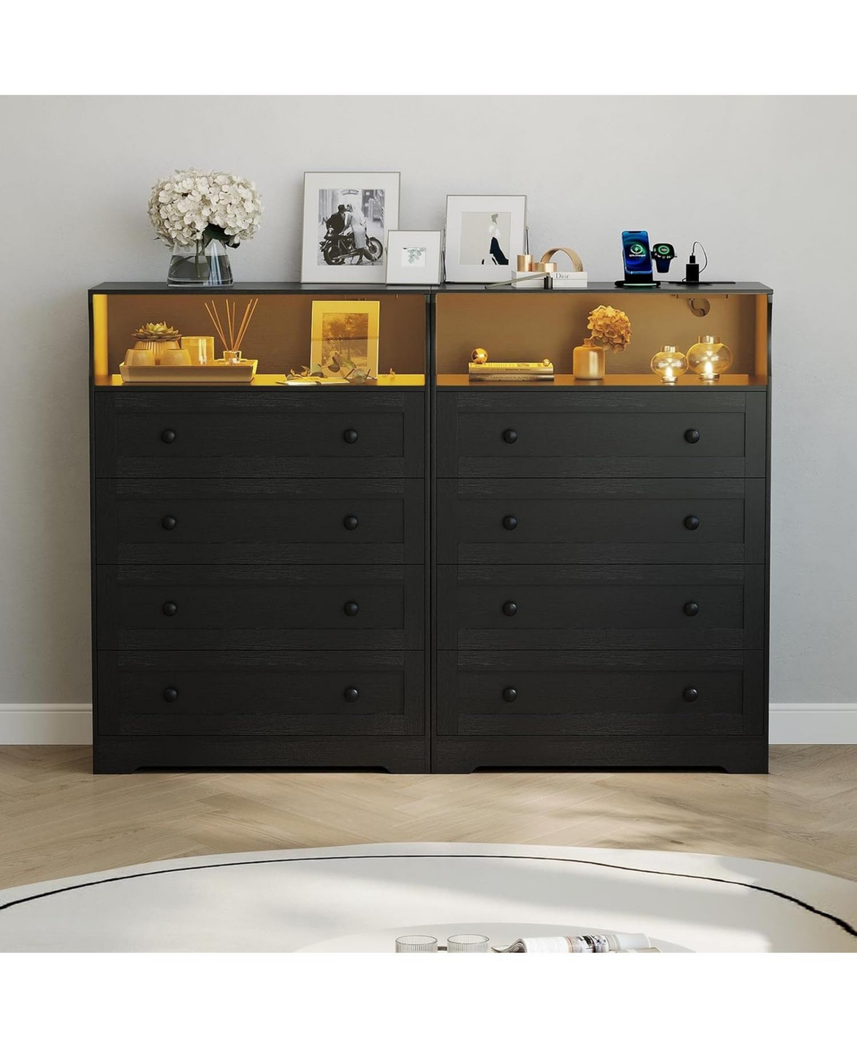 gaomon 4 Drawer Wood Dressers for Bedroom with Led Lights and Charging Station, Modern Nightstand Bedside, Wooden Chest of Drawers