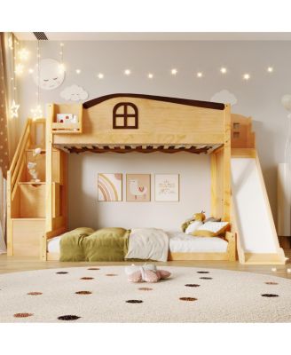 Twin over Full Bunk Bed with Storage Stairs, Shelf, Slide & Wardrobe