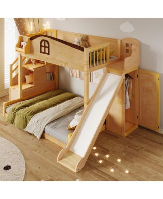 Twin over Full Bunk Bed with Storage Stairs, Shelf, Slide & Wardrobe