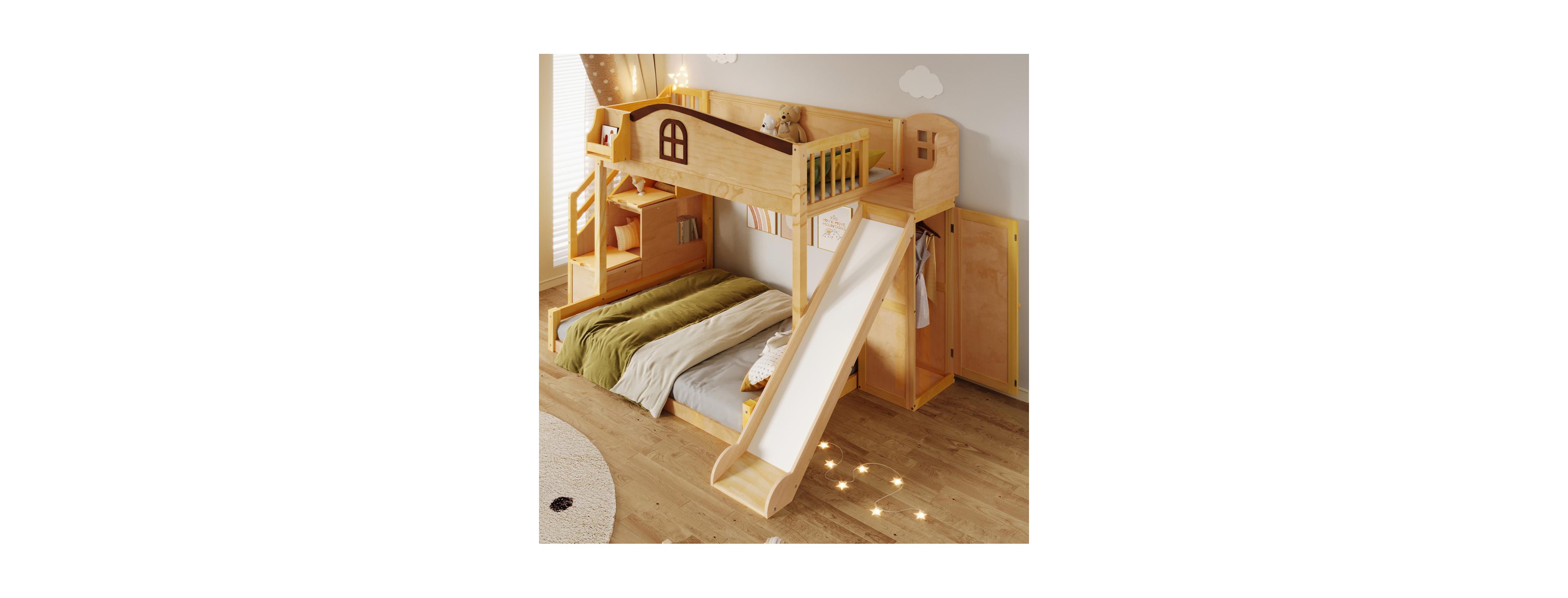 Streamdale Furniture Twin over Full Bunk Bed with Storage Stairs, Shelf, Slide & Wardrobe