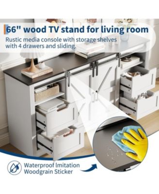 Farmhouse TV Stand for Up to 70 in TVs, 66 in Entertainment Center w/4 Drawers & Sliding Barn Door