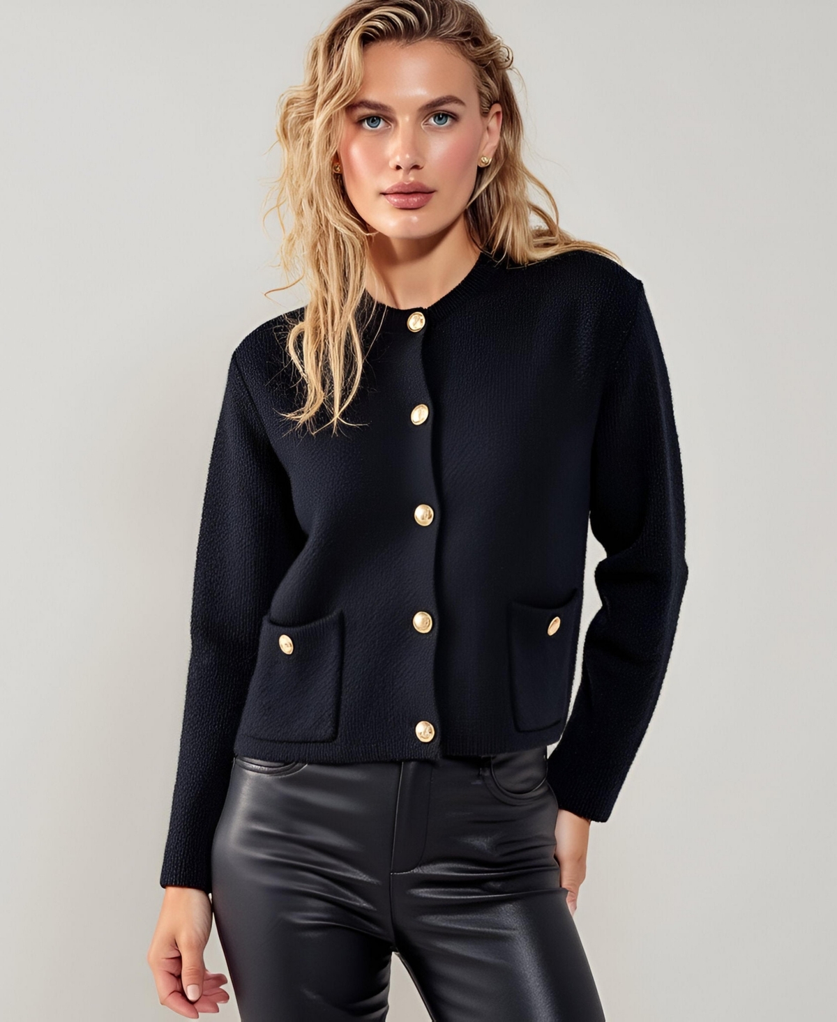 Modenaire Women's Textured Knit Cardigan with Button Front and Patch Pockets