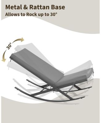 Outdoor Rocking Lounge Chair Set of 2, Patio Chaise Lounge with Removable Cushion for Napping Relaxing, Indoor Reclining Papasan Rocker Chair