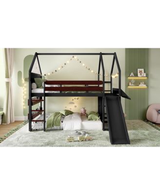 Loft Bed with Bookshelf, House-Shaped with Slide