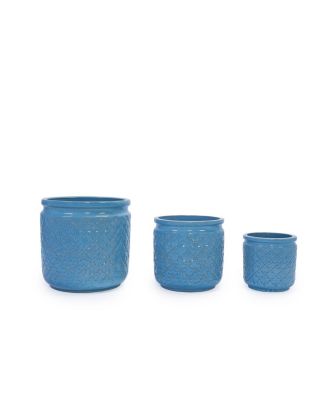 Handmade Ceramic Flowerpot Set of 3, Blue Geometric Pattern, 15/12/9 Inch Diameter