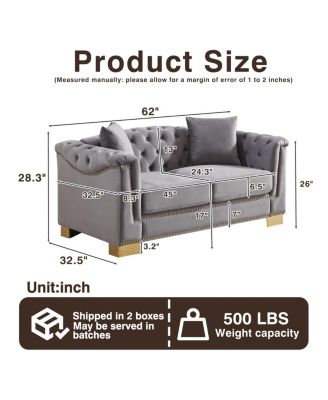 62" Velvet Chesterfield Sofa, Classic Modern Two Seater