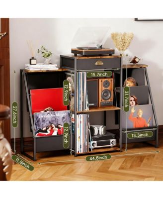 6-Bin Vinyl Record Storage with Drawer & Side Shelves for Turntable