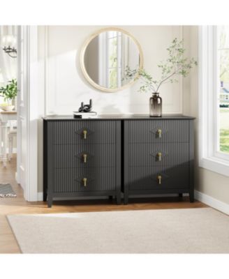 2Pcs Fluted Nightstand, 27.5" Wide Bedside Table with 3 Large Storage Drawers, Modern Night Stand with Metal Handle, Wooden End Table