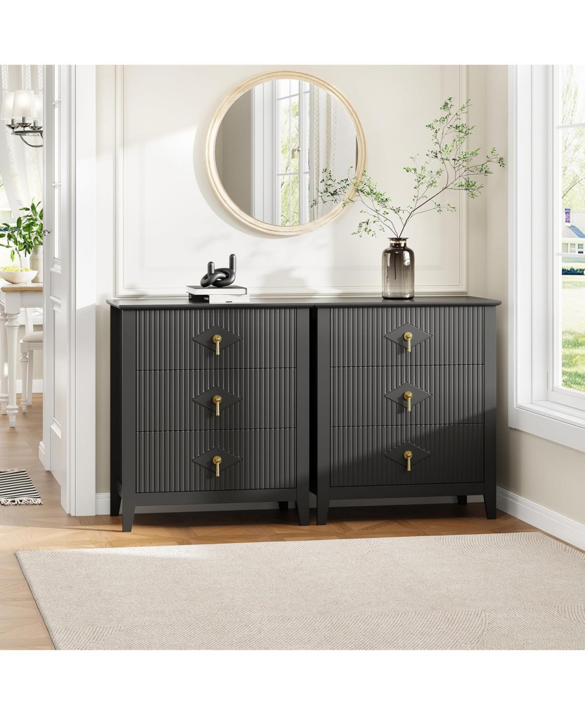 gaomon 2Pcs Fluted Nightstand, 27.5" Wide Bedside Table with 3 Large Storage Drawers, Modern Night Stand with Metal Handle, Wooden End Table