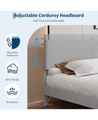 Size Bed Frame with USB Charging Station, Corduroy Upholstered Platform Bed Frame with Adjustable Storage Headboard, Wooden Slats Support