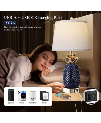 22-inch Pineapple Table Lamps Set of 2, 3 way Dimmable Ceramic Table Lamp for living room, Navy Blue Modern Table Lamp with USB Port