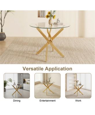 Round Dining Table, 35.5" Glass Dining Table with Gold Legs