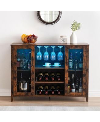 Wine Bar Cabinet with LED Light and Detachable Rack Wine Cabinet with Mesh Door Liquor Cabinet with Glass Holder Coffee Bar for Liquor