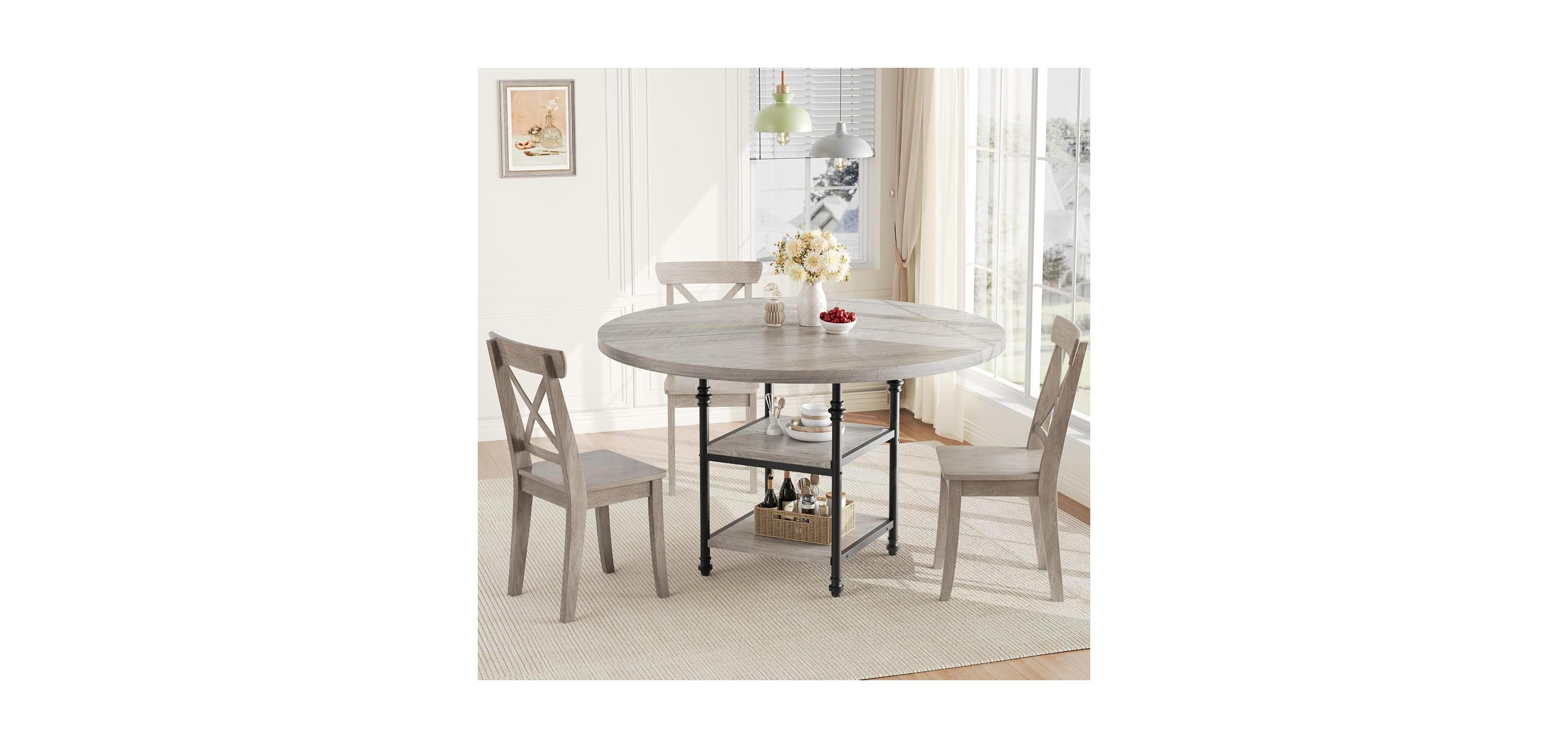 gaomon Round Dining Table for 4 with Roman Column Base and Built-in Storage, Space-Saving Dining Table for Dining Room