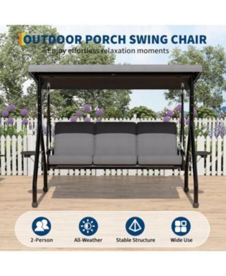 3 Seat Outdoor Porch Swing, 2-in-1 Patio Swing Chair with Thickened Removable Cushions, Adjustable Canopy   Cup Holders