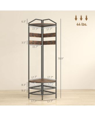 Corner Hall Tree - Industrial 4-Tier Coat Rack with Open Shelves, Movable Hooks and Steel Frame for Hallway, Living Room